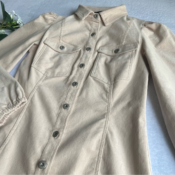 Forever 21 Cream Corduroy Shirt Dress Long Sleeve A-Line Exposed Buttons - Picture 2 of 12